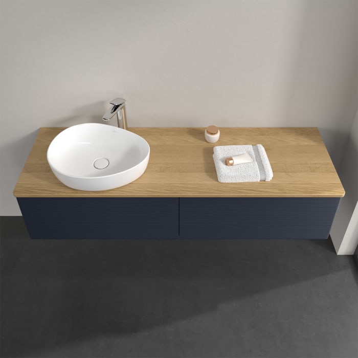 Villeroy & Boch Antao Waschbeckenunterschrank, 160 x 36 cm, 2 Auszüge mit LED-Licht, Front mit Struktur, mit Hahnloch, für Waschtisch links