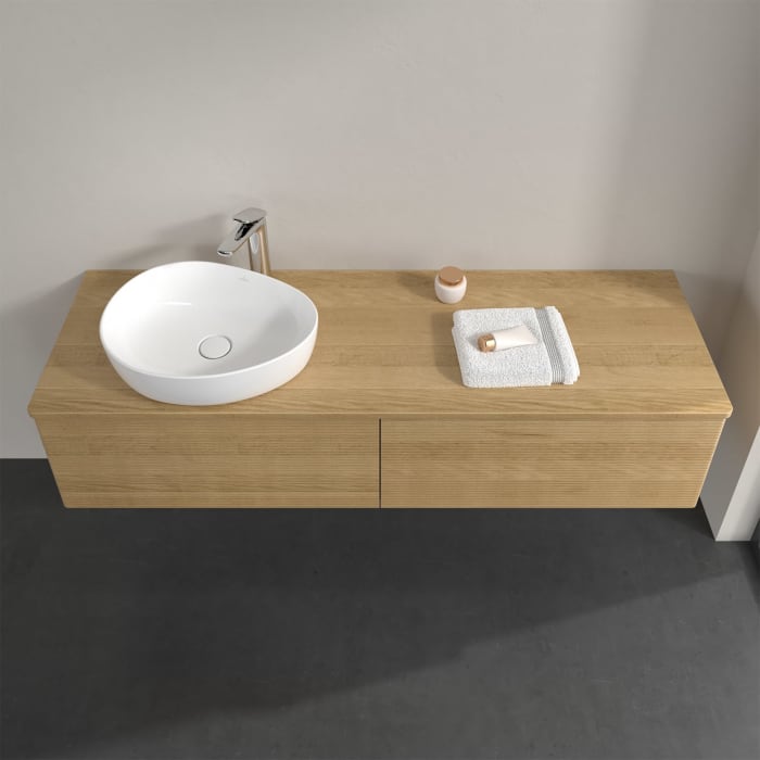 Villeroy & Boch Antao Waschbeckenunterschrank, 160 x 36 cm, 2 Auszüge mit LED-Licht, Front mit Struktur, mit Hahnloch, für Waschtisch links