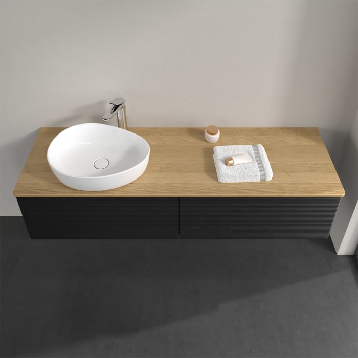 Villeroy & Boch Antao Waschbeckenunterschrank, 160 x 36 cm, 2 Auszüge mit LED-Licht, Front mit Struktur, mit Hahnloch, für Waschtisch links