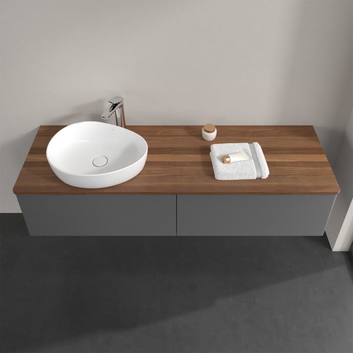 Villeroy & Boch Antao Waschbeckenunterschrank, 160 x 36 cm, 2 Auszüge mit LED-Licht, Front mit Struktur, mit Hahnloch, für Waschtisch links