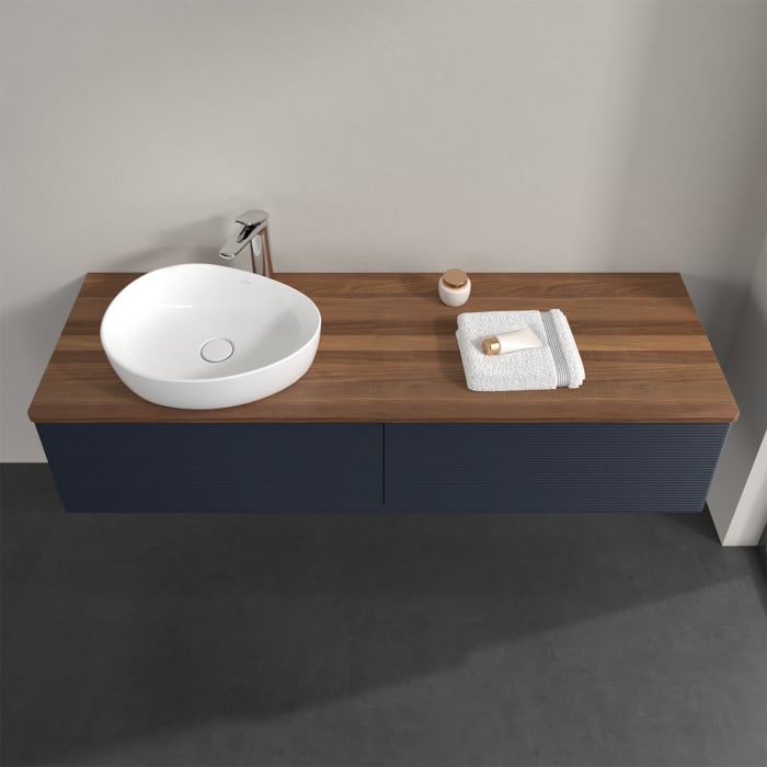 Villeroy & Boch Antao Waschbeckenunterschrank, 160 x 36 cm, 2 Auszüge mit LED-Licht, Front mit Struktur, mit Hahnloch, für Waschtisch links