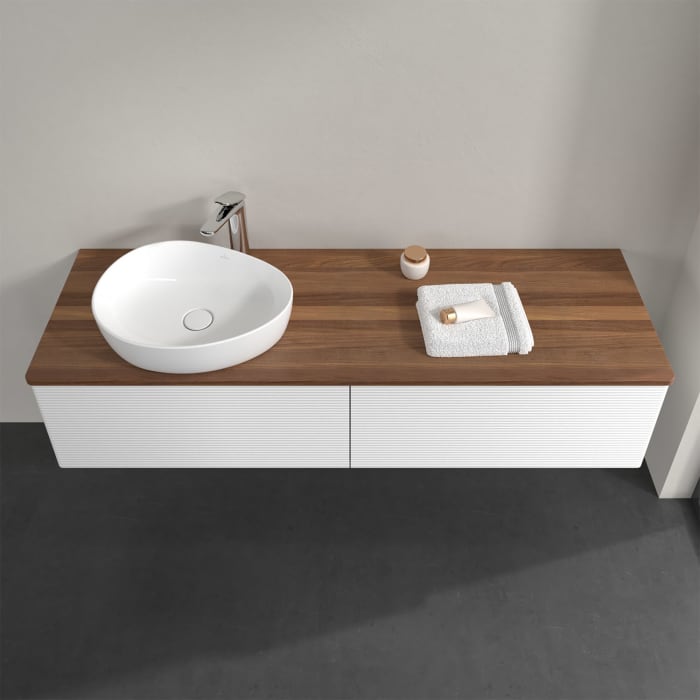 Villeroy & Boch Antao Waschbeckenunterschrank, 160 x 36 cm, 2 Auszüge mit LED-Licht, Front mit Struktur, mit Hahnloch, für Waschtisch links