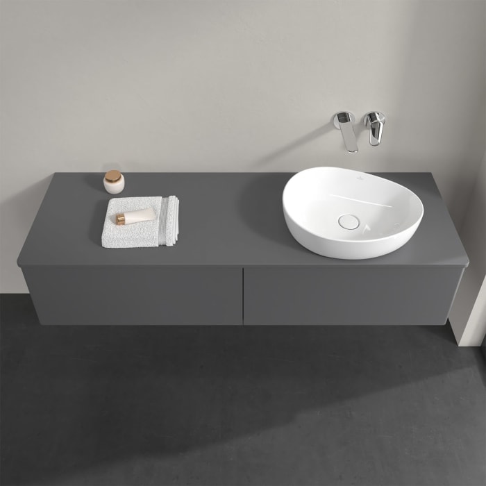 Villeroy & Boch Antao Waschbeckenunterschrank, 160 x 36 cm, 2 Auszüge mit LED-Licht, Front ohne Struktur, ohne Hahnloch, für Waschtisch rechts