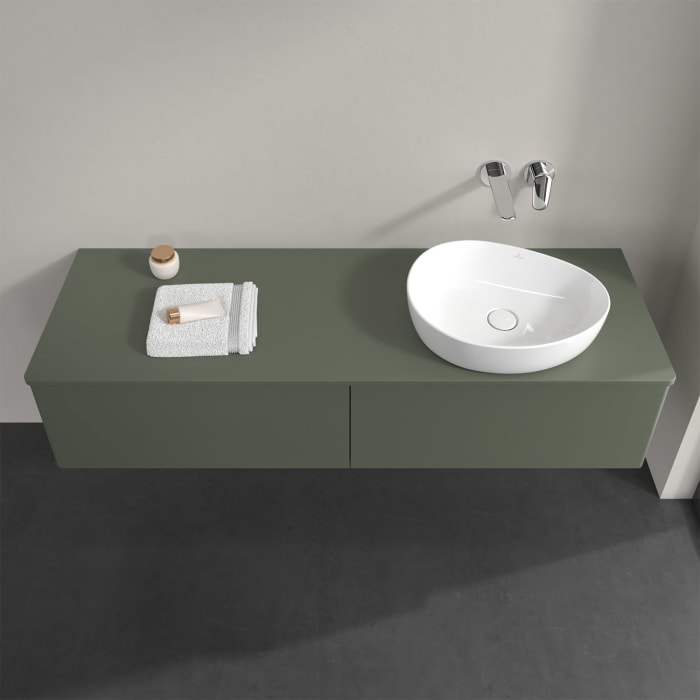 Villeroy & Boch Antao Waschbeckenunterschrank, 160 x 36 cm, 2 Auszüge mit LED-Licht, Front ohne Struktur, mit Hahnloch, für Waschtisch rechts