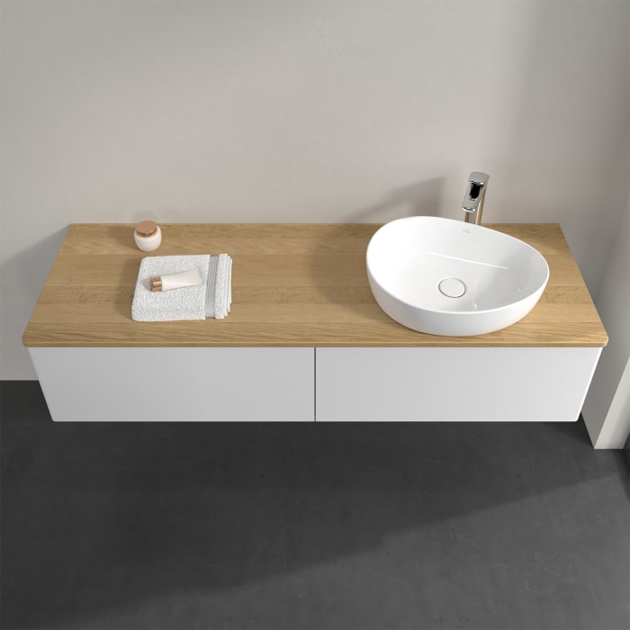 Villeroy & Boch Antao Waschbeckenunterschrank, 160 x 36 cm, 2 Auszüge mit LED-Licht, Front ohne Struktur, mit Hahnloch, für Waschtisch rechts