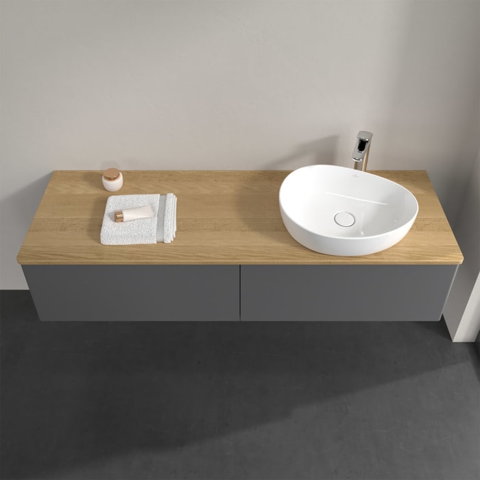 Villeroy & Boch Antao Waschbeckenunterschrank, 160 x 36 cm, 2 Auszüge mit LED-Licht, Front ohne Struktur, mit Hahnloch, für Waschtisch rechts