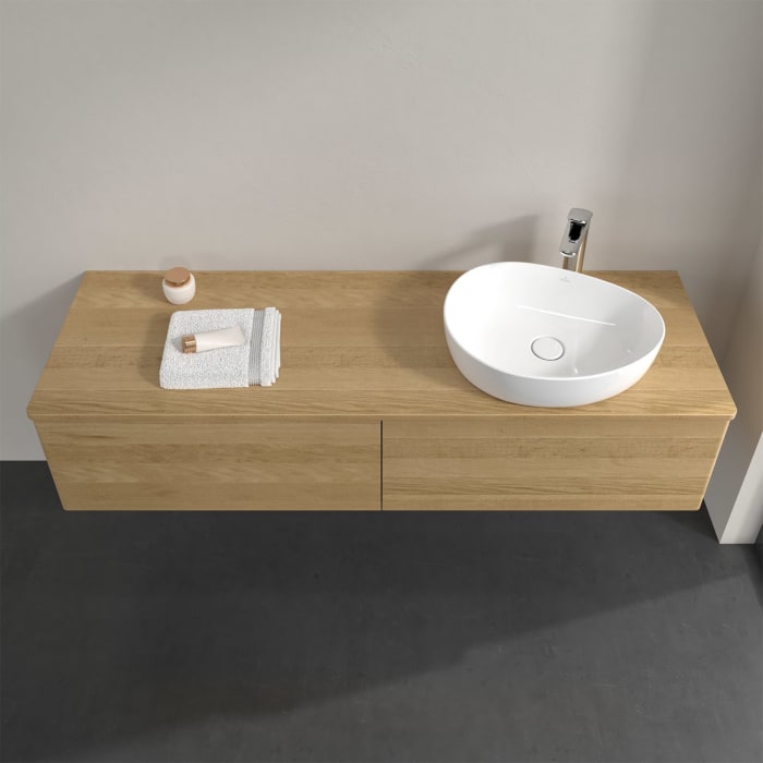 Villeroy & Boch Antao Waschbeckenunterschrank, 160 x 36 cm, 2 Auszüge mit LED-Licht, Front ohne Struktur, mit Hahnloch, für Waschtisch rechts