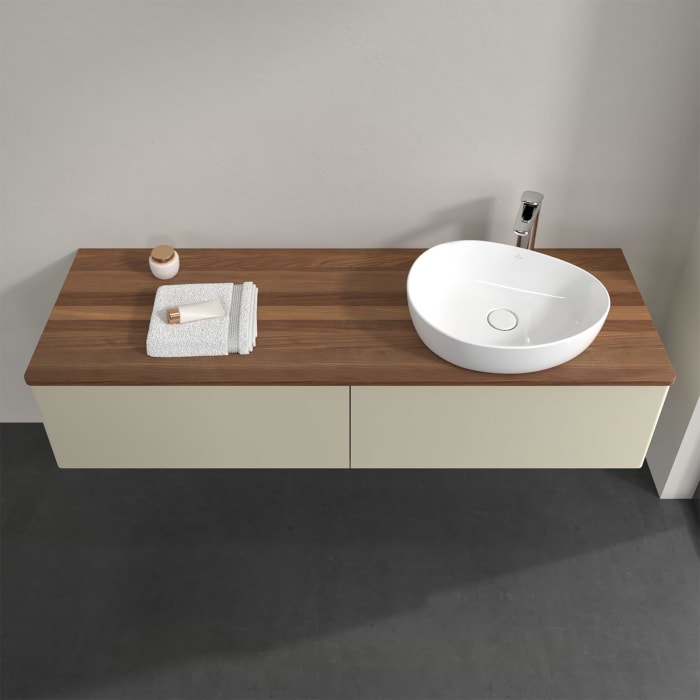 Villeroy & Boch Antao Waschbeckenunterschrank, 160 x 36 cm, 2 Auszüge mit LED-Licht, Front ohne Struktur, mit Hahnloch, für Waschtisch rechts