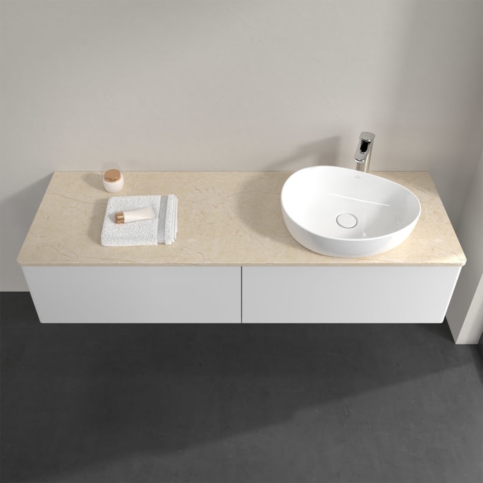 Villeroy & Boch Antao Waschbeckenunterschrank, 160 x 36 cm, 2 Auszüge mit LED-Licht, Front ohne Struktur, mit Hahnloch, für Waschtisch rechts