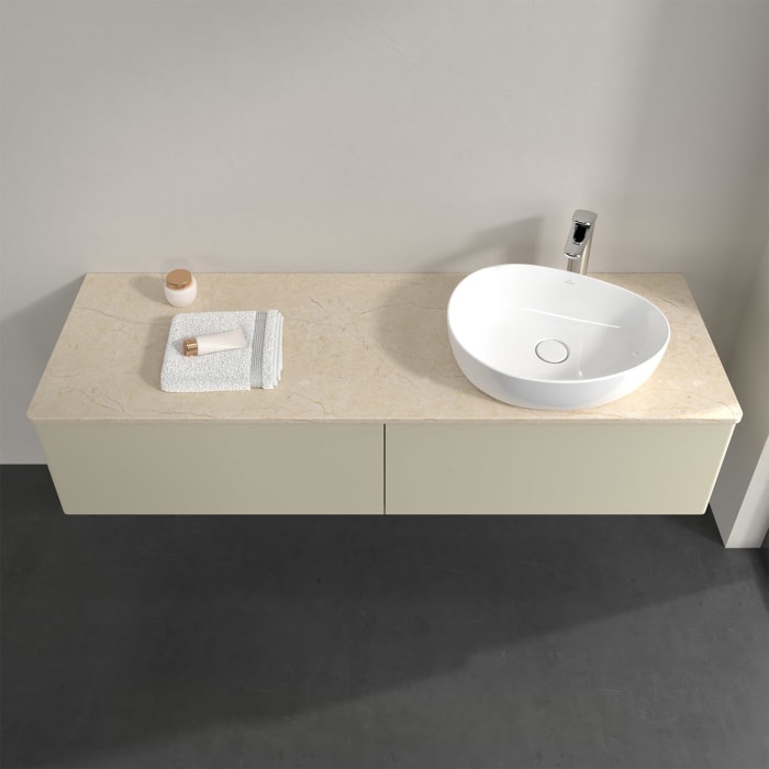 Villeroy & Boch Antao Waschbeckenunterschrank, 160 x 36 cm, 2 Auszüge mit LED-Licht, Front ohne Struktur, mit Hahnloch, für Waschtisch rechts