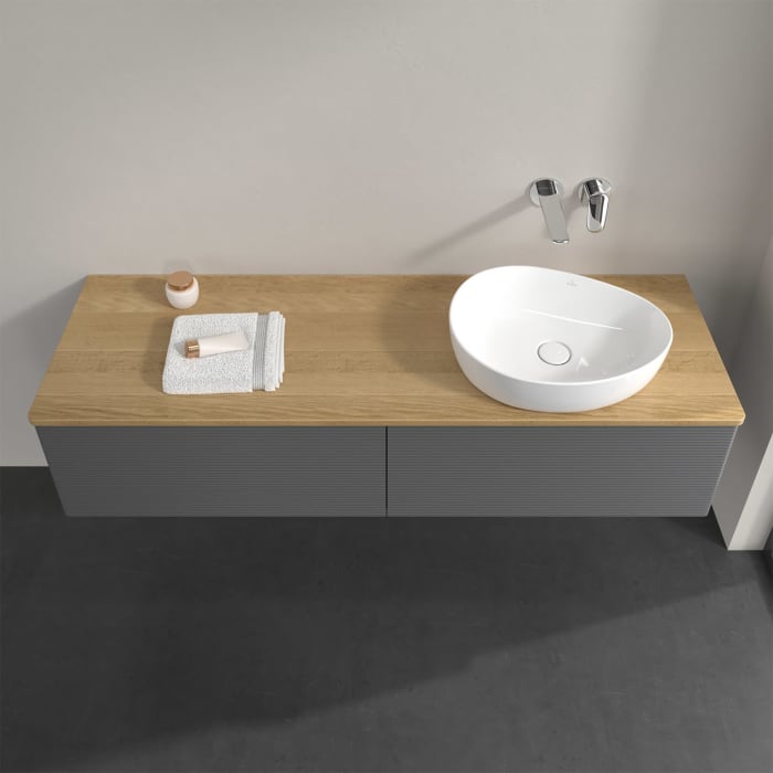 Villeroy & Boch Antao Waschbeckenunterschrank, 160 x 36 cm, 2 Auszüge mit LED-Licht, Front mit Struktur, ohne Hahnloch, für Waschtisch rechts