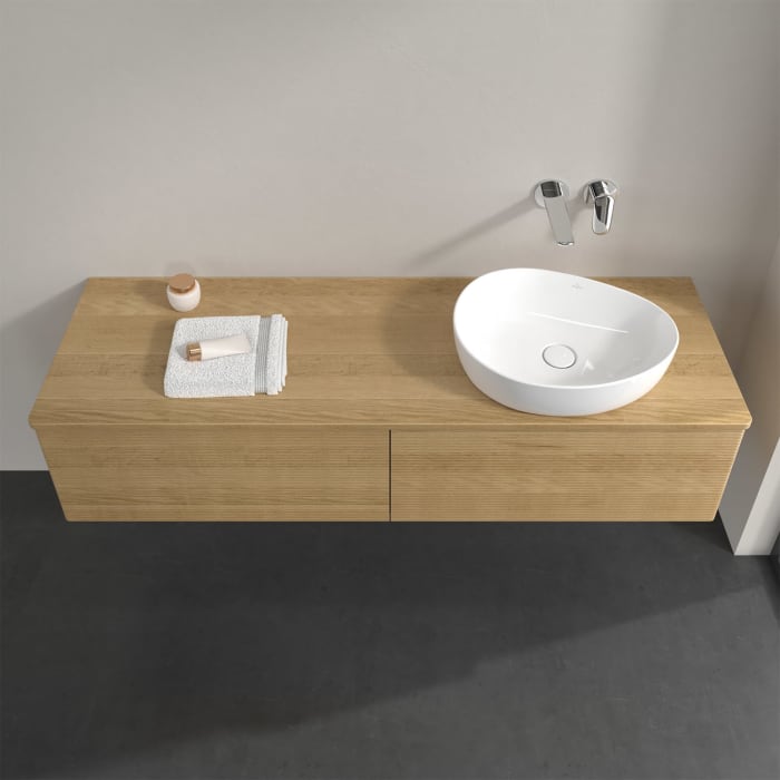 Villeroy & Boch Antao Waschbeckenunterschrank, 160 x 36 cm, 2 Auszüge mit LED-Licht, Front mit Struktur, ohne Hahnloch, für Waschtisch rechts