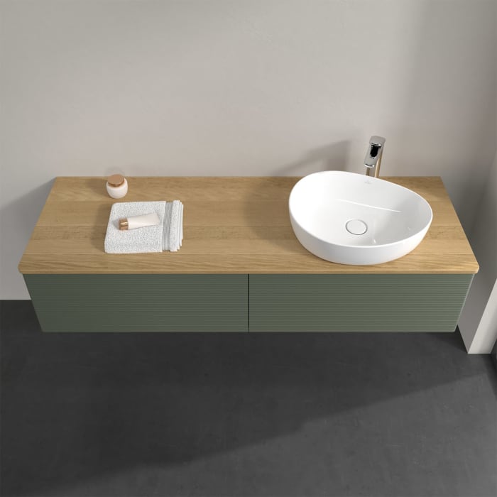 Villeroy & Boch Antao Waschbeckenunterschrank, 160 x 36 cm, 2 Auszüge mit LED-Licht, Front mit Struktur, mit Hahnloch, für Waschtisch rechts