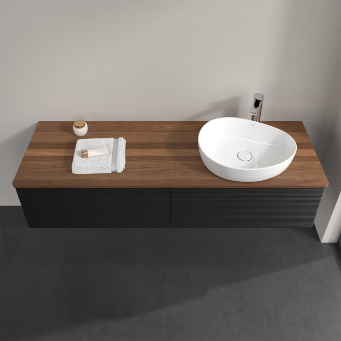 Villeroy & Boch Antao Waschbeckenunterschrank, 160 x 36 cm, 2 Auszüge mit LED-Licht, Front mit Struktur, mit Hahnloch, für Waschtisch rechts