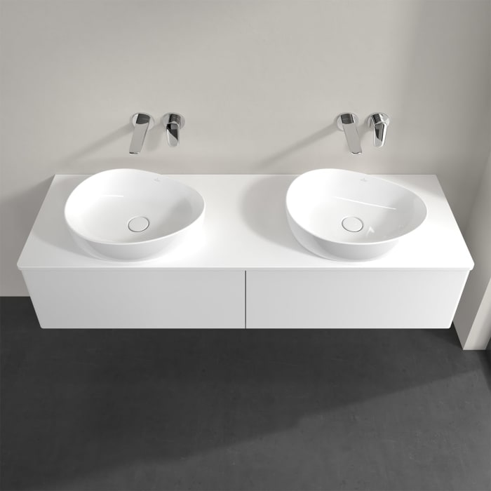 Villeroy & Boch Antao Waschbeckenunterschrank, 160 x 36 cm, 2 Auszüge mit LED-Licht, Front ohne Struktur, mit Hahnloch, für Waschtisch links und recht