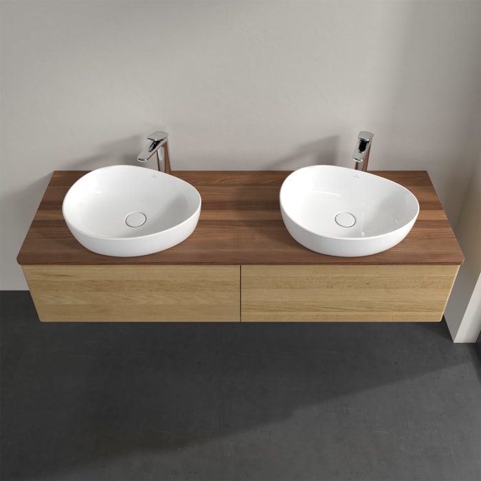 Villeroy & Boch Antao Waschbeckenunterschrank, 160 x 36 cm, 2 Auszüge mit LED-Licht, Front ohne Struktur, mit Hahnloch, für Waschtisch links und recht