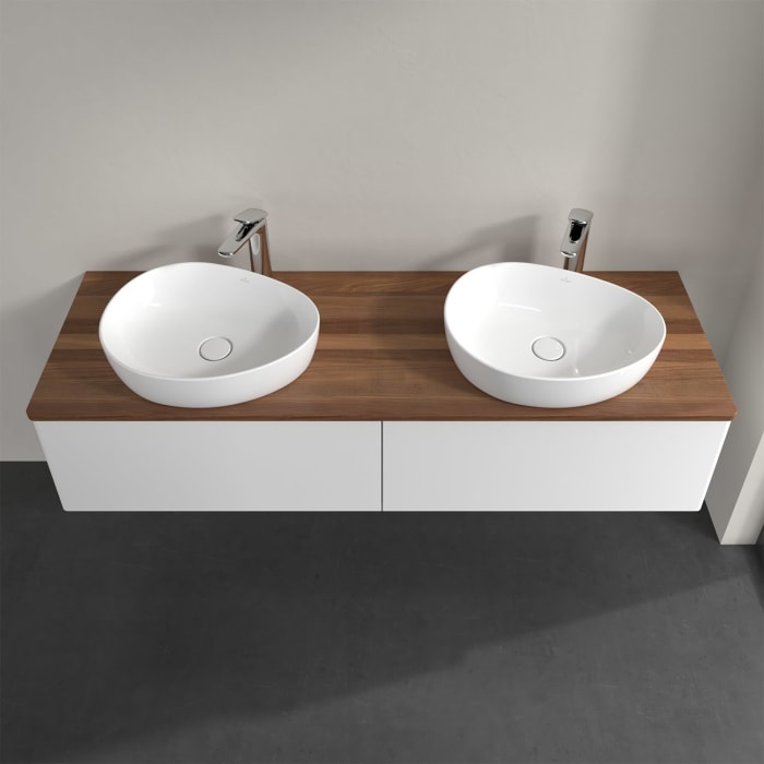 Villeroy & Boch Antao Waschbeckenunterschrank, 160 x 36 cm, 2 Auszüge mit LED-Licht, Front ohne Struktur, mit Hahnloch, für Waschtisch links und recht