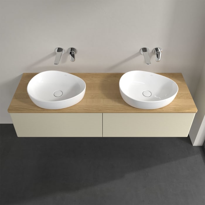 Villeroy & Boch Antao Waschbeckenunterschrank, 160 x 36 cm, 2 Auszüge mit LED-Licht, Front mit Struktur, ohne Hahnloch, für Waschtisch links und recht