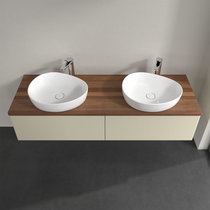 Villeroy & Boch Antao Waschbeckenunterschrank, 160 x 36 cm, 2 Auszüge mit LED-Licht, Front mit Struktur, mit Hahnloch, für Waschtisch links und rechts