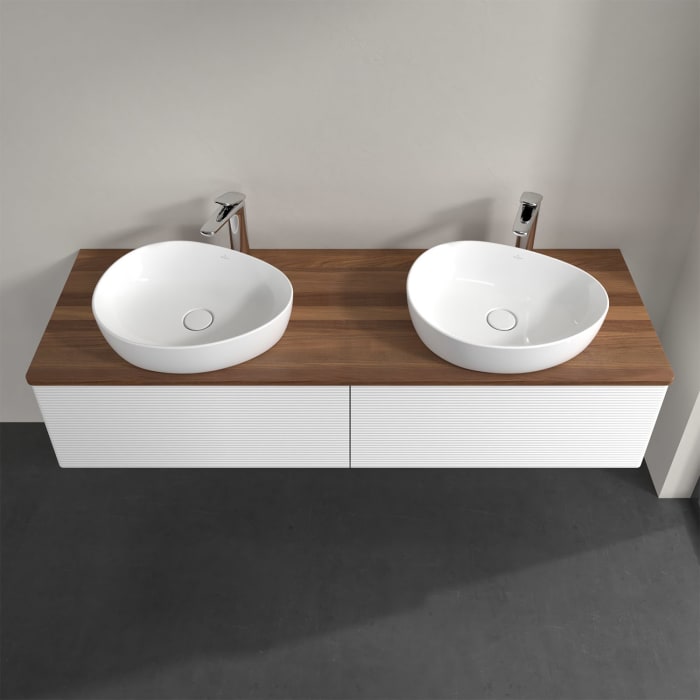 Villeroy & Boch Antao Waschbeckenunterschrank, 160 x 36 cm, 2 Auszüge mit LED-Licht, Front mit Struktur, mit Hahnloch, für Waschtisch links und rechts