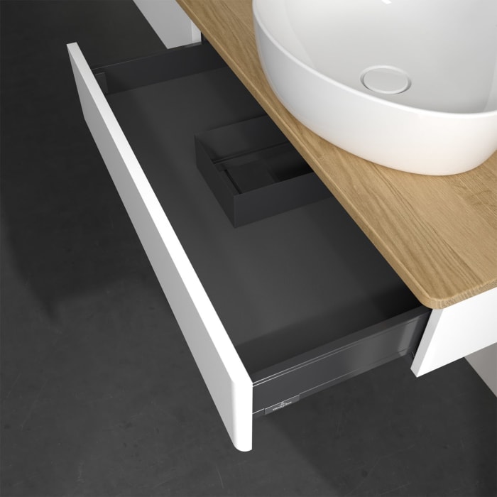 Villeroy & Boch Antao Waschbeckenunterschrank, 160 x 19 cm, 2 Auszüge, Front ohne Struktur, ohne Hahnloch, für Waschtisch rechts