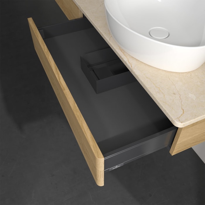 Villeroy & Boch Antao Waschbeckenunterschrank, 160 x 19 cm, 2 Auszüge, Front ohne Struktur, ohne Hahnloch, für Waschtisch rechts