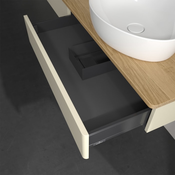 Villeroy & Boch Antao Waschbeckenunterschrank, 160 x 19 cm, 2 Auszüge, Front ohne Struktur, mit Hahnloch, für Waschtisch rechts