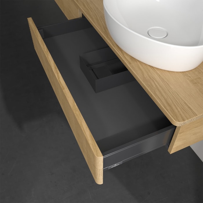 Villeroy & Boch Antao Waschbeckenunterschrank, 160 x 19 cm, 2 Auszüge, Front mit Struktur, ohne Hahnloch, für Waschtisch rechts