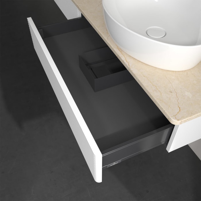 Villeroy & Boch Antao Waschbeckenunterschrank, 160 x 19 cm, 2 Auszüge, Front mit Struktur, ohne Hahnloch, für Waschtisch rechts