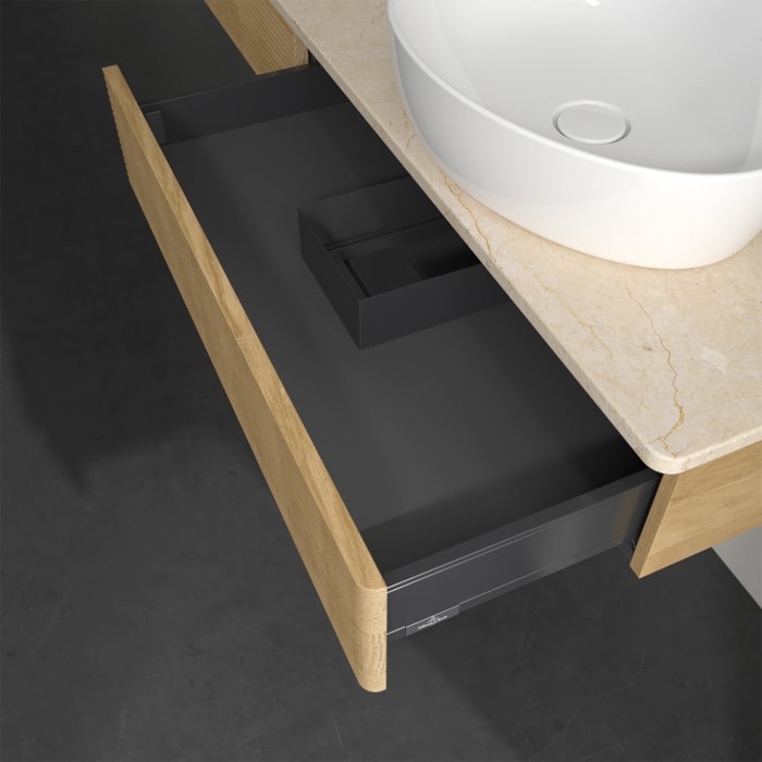 Villeroy & Boch Antao Waschbeckenunterschrank, 160 x 19 cm, 2 Auszüge, Front mit Struktur, ohne Hahnloch, für Waschtisch rechts