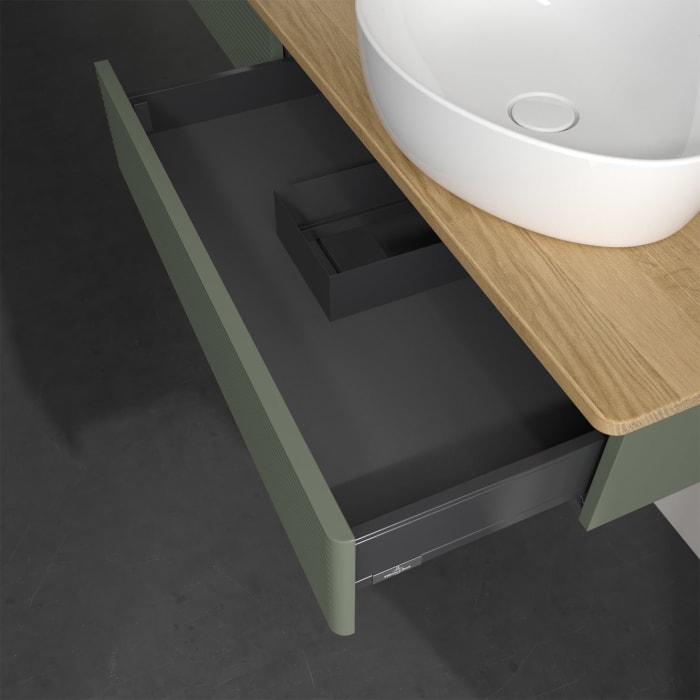 Villeroy & Boch Antao Waschbeckenunterschrank, 160 x 19 cm, 2 Auszüge, Front mit Struktur, mit Hahnloch, für Waschtisch links und rechts