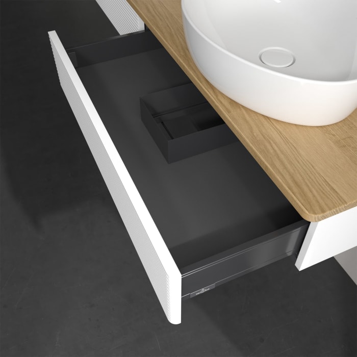 Villeroy & Boch Antao Waschbeckenunterschrank, 160 x 19 cm, 2 Auszüge, Front mit Struktur, mit Hahnloch, für Waschtisch links und rechts