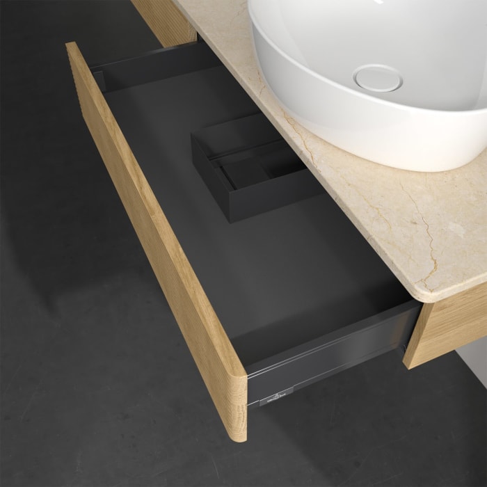 Villeroy & Boch Antao Waschbeckenunterschrank, 160 x 19 cm, 2 Auszüge, Front mit Struktur, mit Hahnloch, für Waschtisch links und rechts