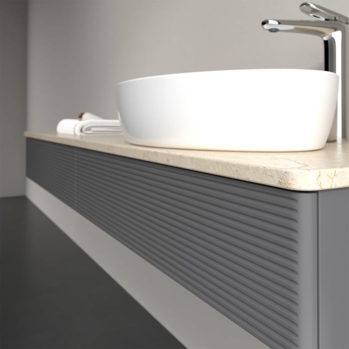 Villeroy & Boch Antao Waschbeckenunterschrank, 160 x 19 cm, 2 Auszüge, Front mit Struktur, mit Hahnloch, für Waschtisch rechts