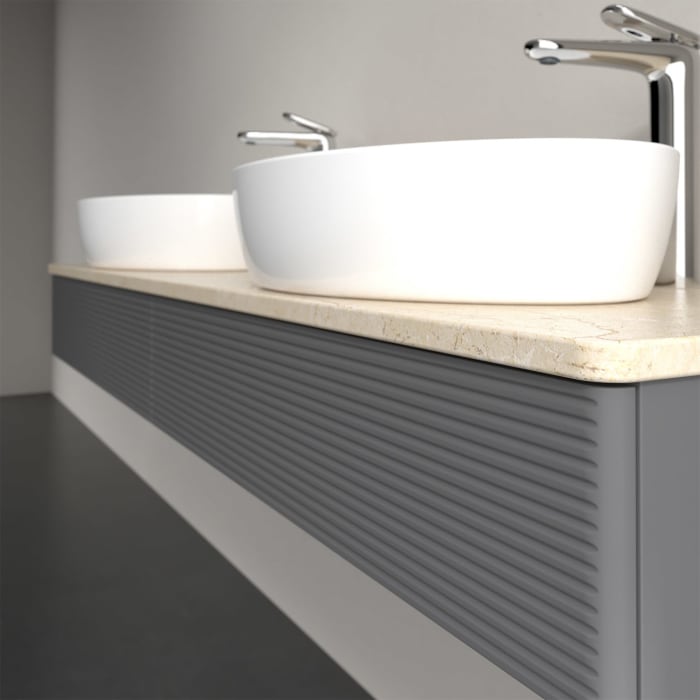 Villeroy & Boch Antao Waschbeckenunterschrank, 160 x 19 cm, 2 Auszüge, Front mit Struktur, mit Hahnloch, für Waschtisch links und rechts