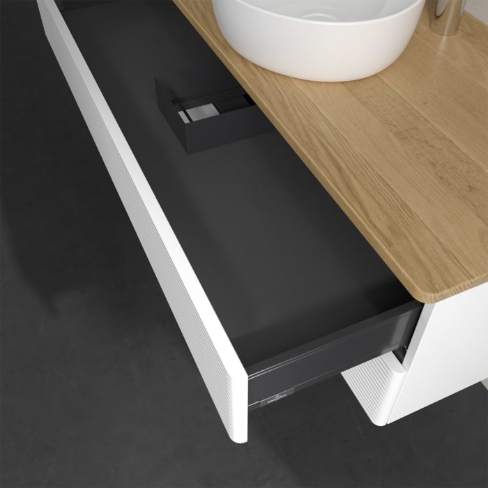 Villeroy & Boch Antao Waschbeckenunterschrank, 120 x 19 cm, 2 Auszüge, Fronten mit Struktur, mit Hahnloch, für Waschtisch mittig