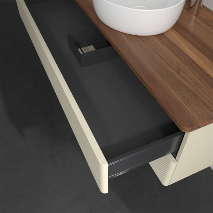 Villeroy & Boch Antao Waschbeckenunterschrank, 120 x 19 cm, 2 Auszüge, Fronten mit Struktur, mit Hahnloch, für Waschtisch mittig