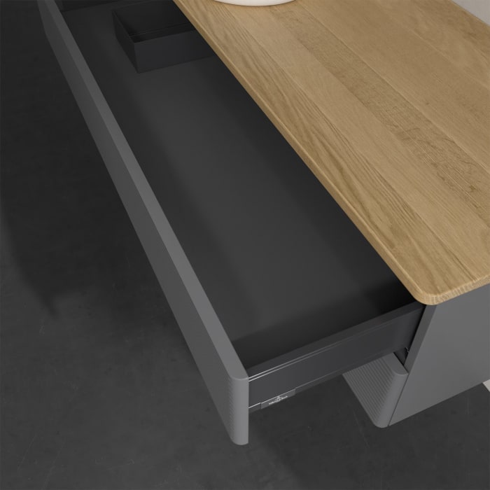 Villeroy & Boch Antao Waschbeckenunterschrank, 120 x 19 cm, 2 Auszüge, Fronten mit Struktur, ohne Hahnloch, für Waschtisch links