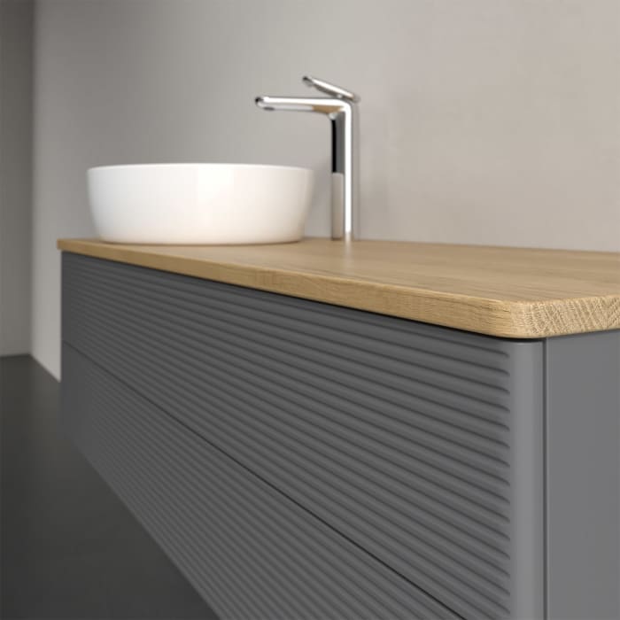 Villeroy & Boch Antao Waschbeckenunterschrank, 120 x 19 cm, 2 Auszüge, Fronten mit Struktur, mit Hahnloch, für Waschtisch links