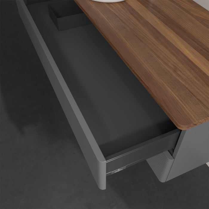 Villeroy & Boch Antao Waschbeckenunterschrank, 120 x 19 cm, 2 Auszüge, Fronten mit Struktur, mit Hahnloch, für Waschtisch links