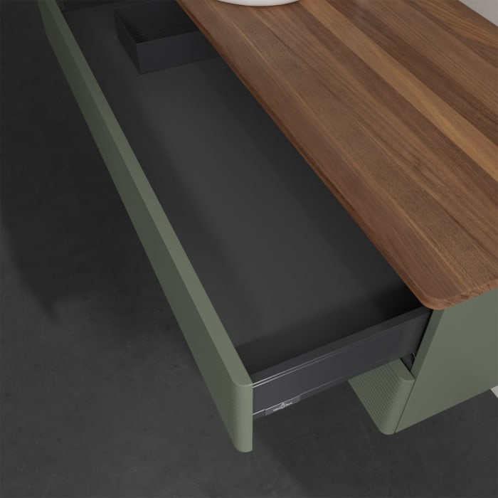 Villeroy & Boch Antao Waschbeckenunterschrank, 120 x 19 cm, 2 Auszüge, Fronten mit Struktur, mit Hahnloch, für Waschtisch links