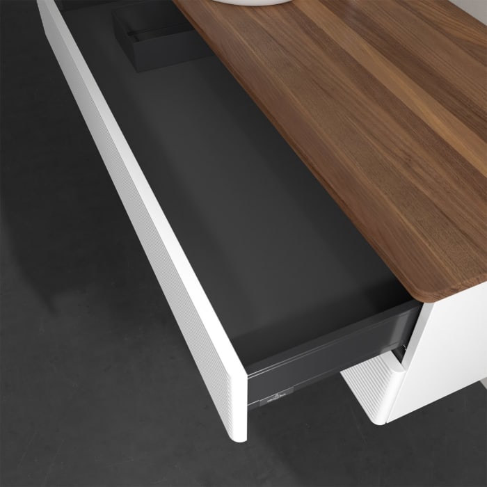 Villeroy & Boch Antao Waschbeckenunterschrank, 120 x 19 cm, 2 Auszüge, Fronten mit Struktur, mit Hahnloch, für Waschtisch links