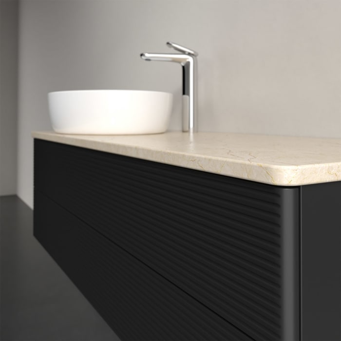 Villeroy & Boch Antao Waschbeckenunterschrank, 120 x 19 cm, 2 Auszüge, Fronten mit Struktur, mit Hahnloch, für Waschtisch links