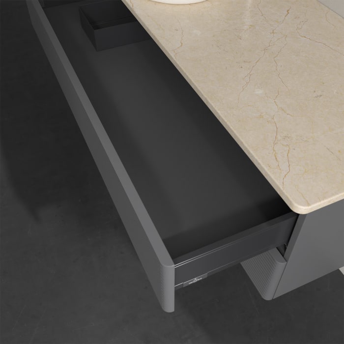 Villeroy & Boch Antao Waschbeckenunterschrank, 120 x 19 cm, 2 Auszüge, Fronten mit Struktur, mit Hahnloch, für Waschtisch links