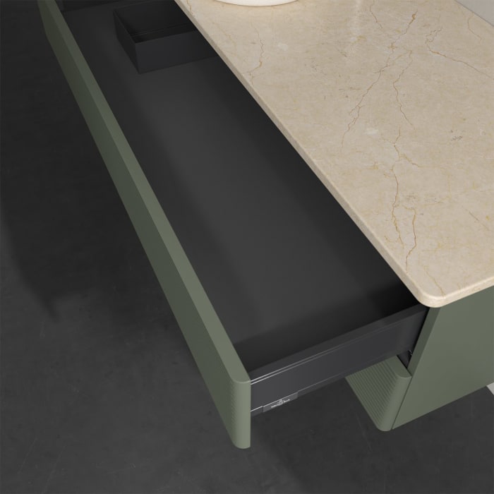 Villeroy & Boch Antao Waschbeckenunterschrank, 120 x 19 cm, 2 Auszüge, Fronten mit Struktur, mit Hahnloch, für Waschtisch links