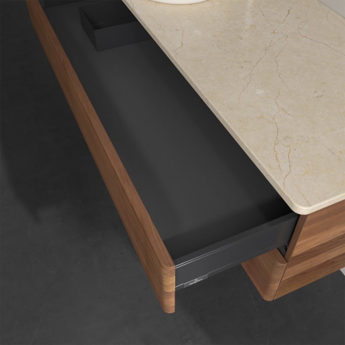 Villeroy & Boch Antao Waschbeckenunterschrank, 120 x 19 cm, 2 Auszüge, Fronten mit Struktur, mit Hahnloch, für Waschtisch links