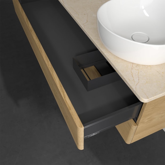 Villeroy & Boch Antao Waschbeckenunterschrank, 120 x 19 cm, 2 Auszüge, Fronten ohne Struktur, mit Hahnloch, für Waschtisch rechts