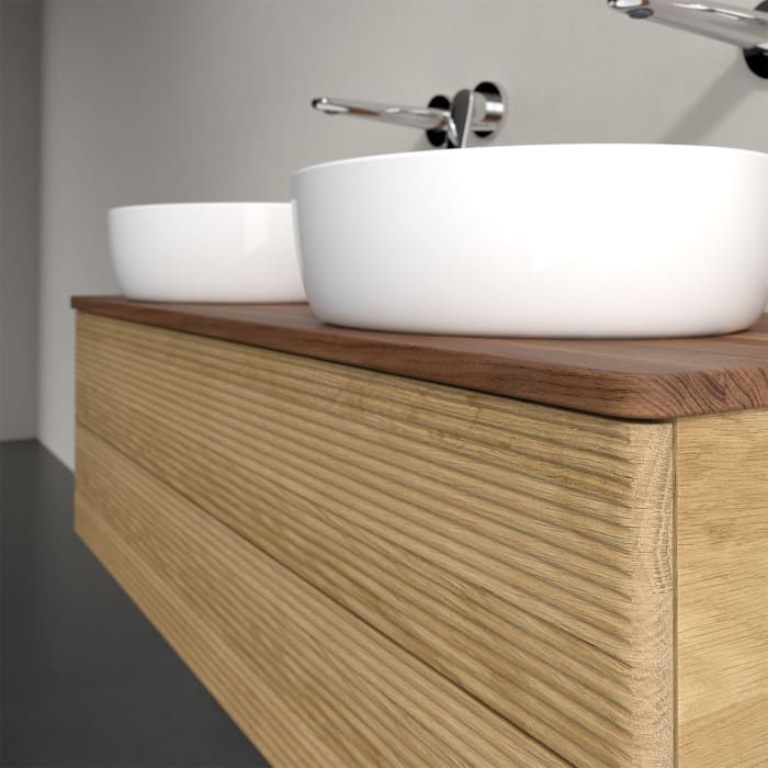 Villeroy & Boch Antao Waschbeckenunterschrank, 120 x 19 cm, 2 Auszüge, Fronten mit Struktur, ohne Hahnloch, für Waschtisch links und rechts