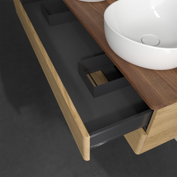 Villeroy & Boch Antao Waschbeckenunterschrank, 120 x 19 cm, 2 Auszüge, Fronten ohne Struktur, mit Hahnloch, für Waschtisch links und rechts