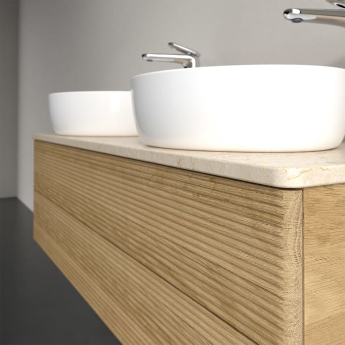 Villeroy & Boch Antao Waschbeckenunterschrank, 120 x 19 cm, 2 Auszüge, Fronten mit Struktur, mit Hahnloch, für Waschtisch links und rechts